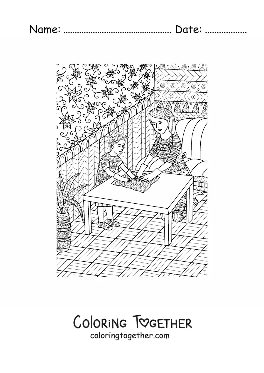 Coloring page of a mom cleaning with her child