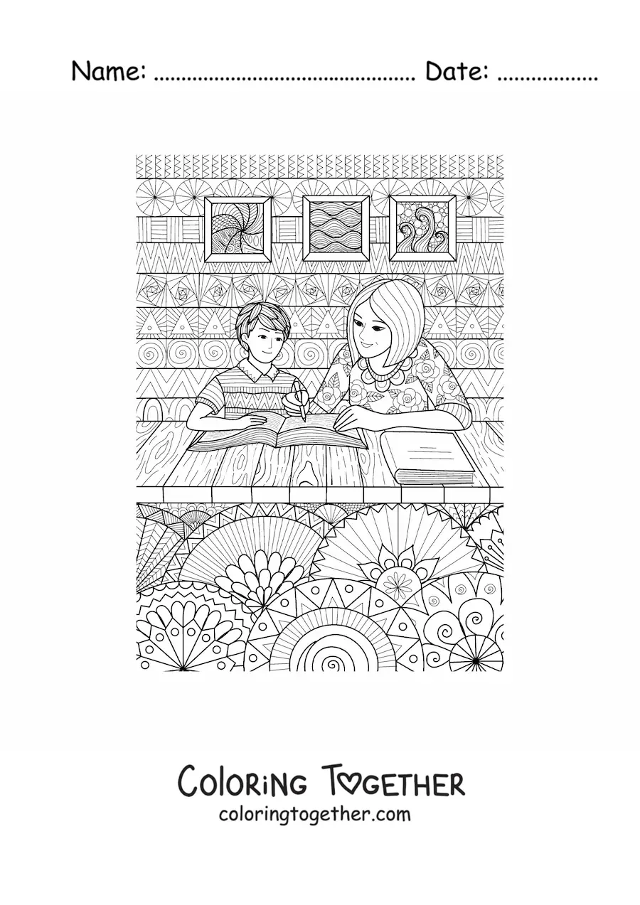 Coloring page of a mom doing homework with her child