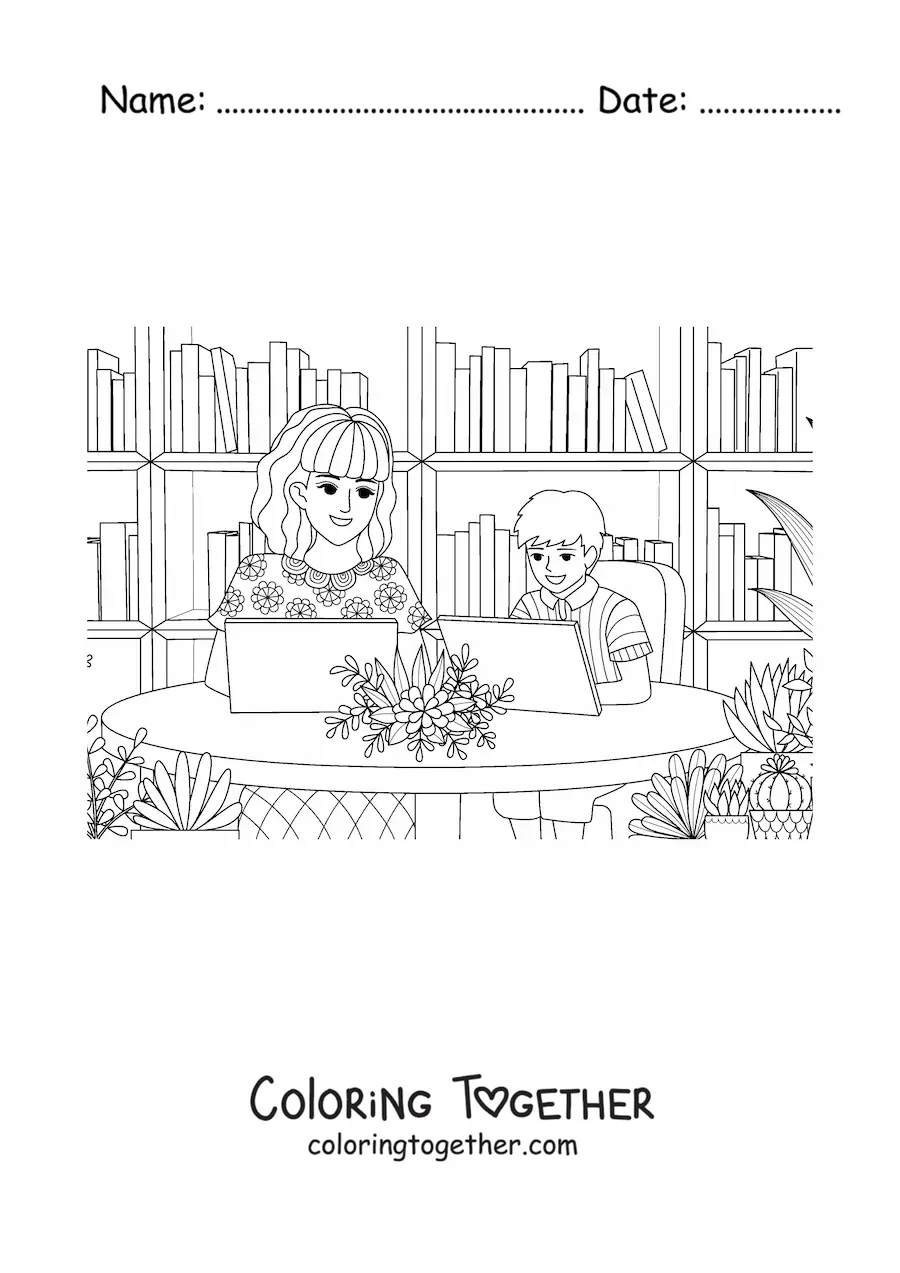 Coloring page of a mom using the computer with her child