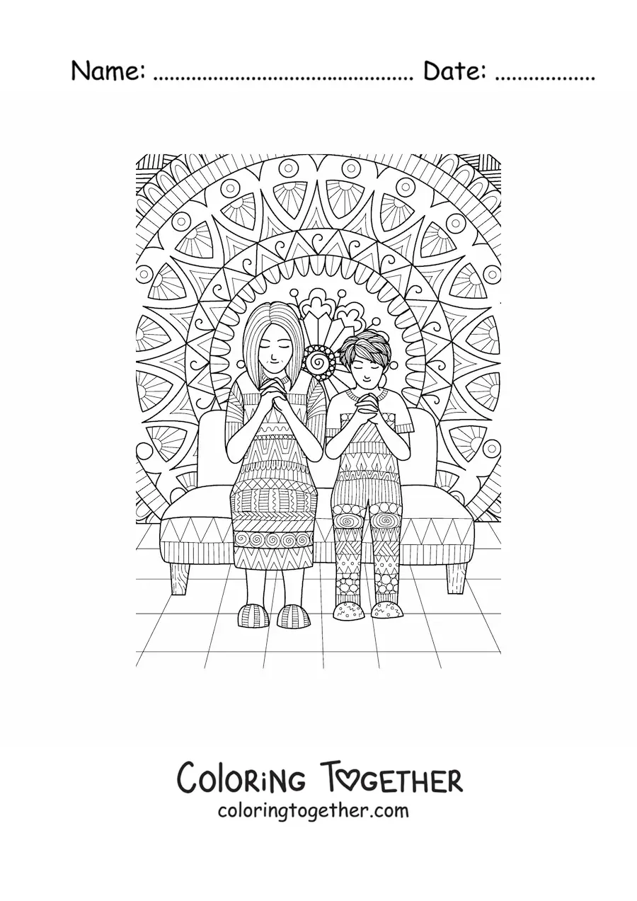 Coloring page of a mom praying with her child