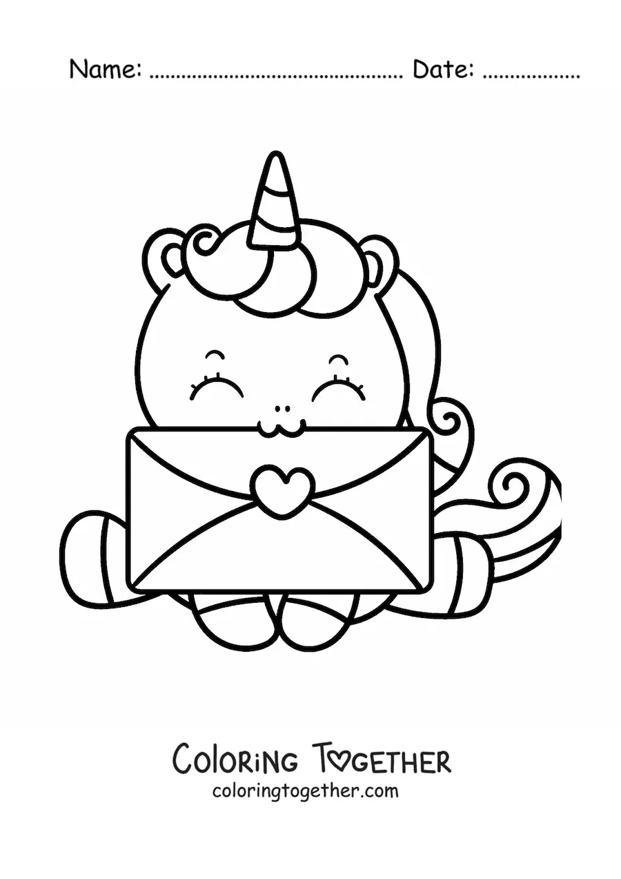 Coloring page of a kawaii unicorn holding a Valentine's card in its mouth