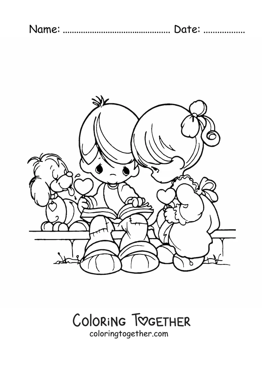 Coloring page of a couple of kids on Valentine's Day