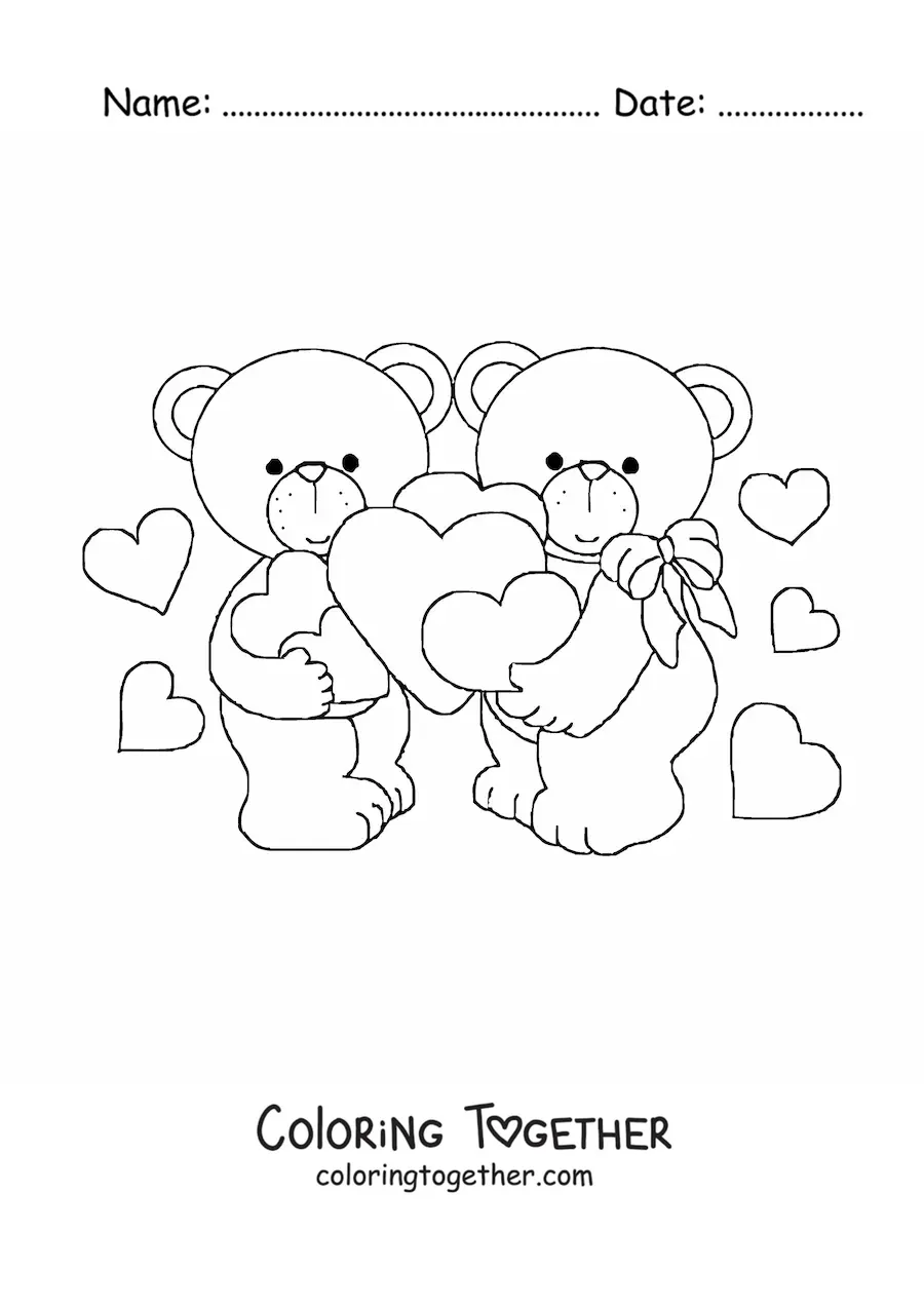 Coloring page of a couple of bears in love on Valentine's Day