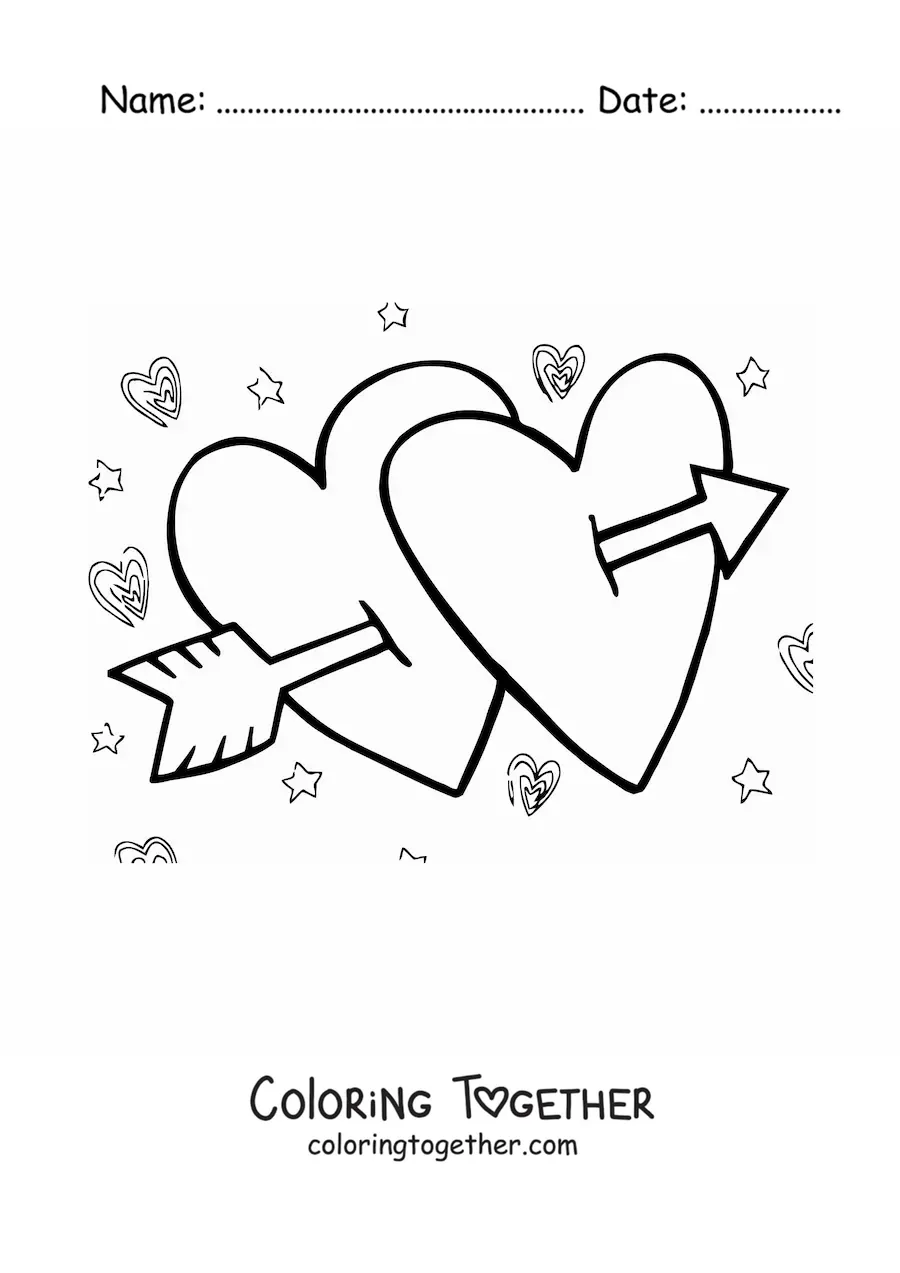 Coloring page of two hearts pierced by arrows