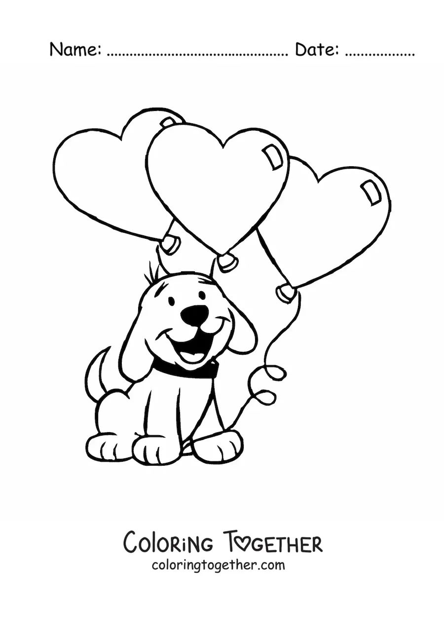 Coloring page of a cartoon dog with three heart balloons