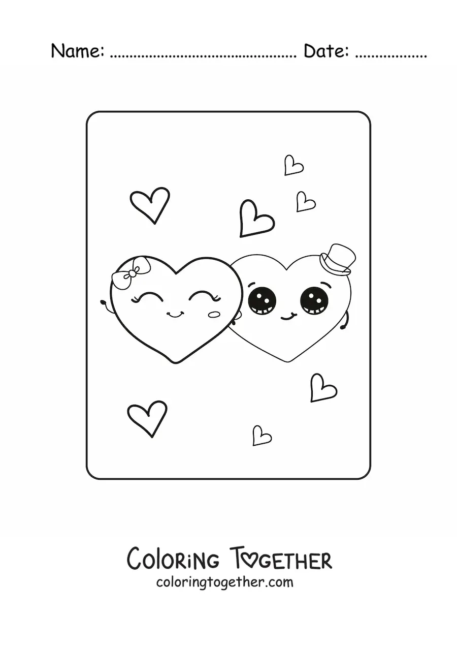 Coloring page of a couple of cartoon hearts