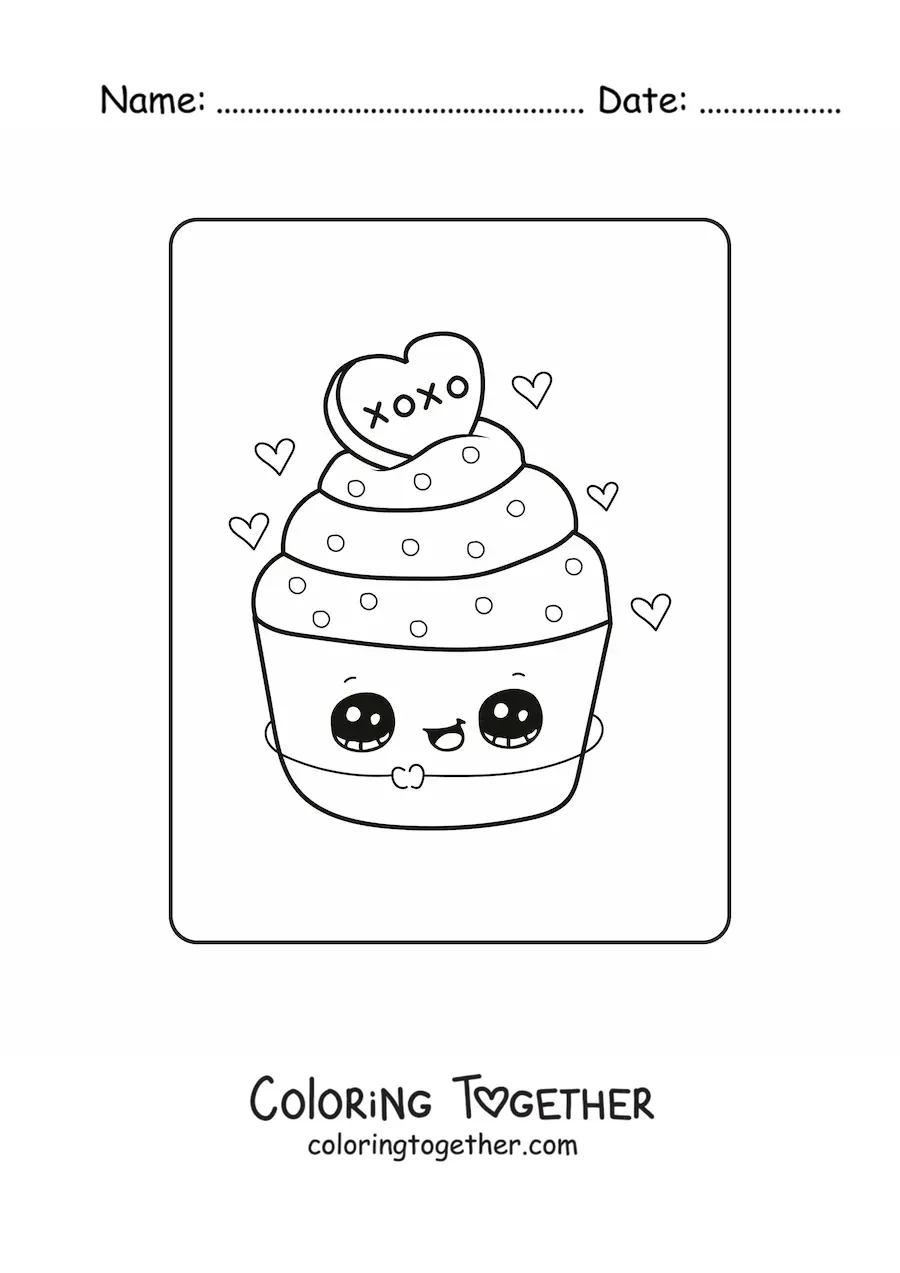Coloring page of a kawaii Valentine's cupcake