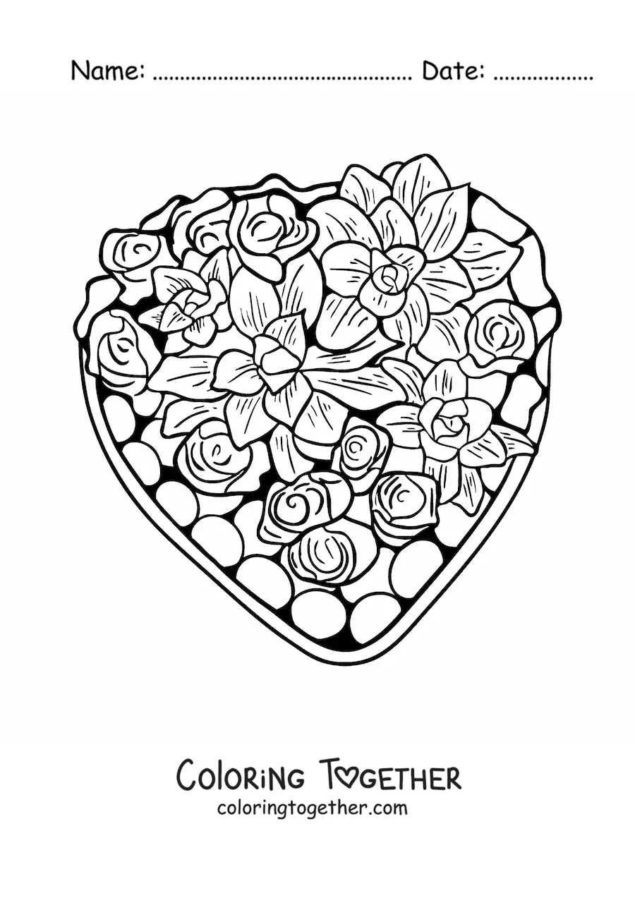 Coloring page of a box of chocolates with Valentine's flowers