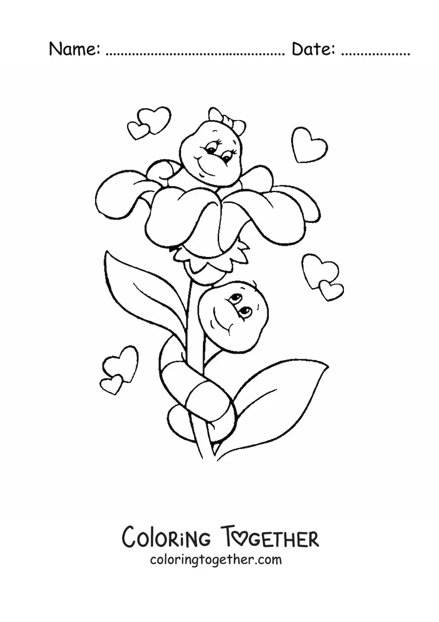 Coloring page of two little caterpillars in love on a flower