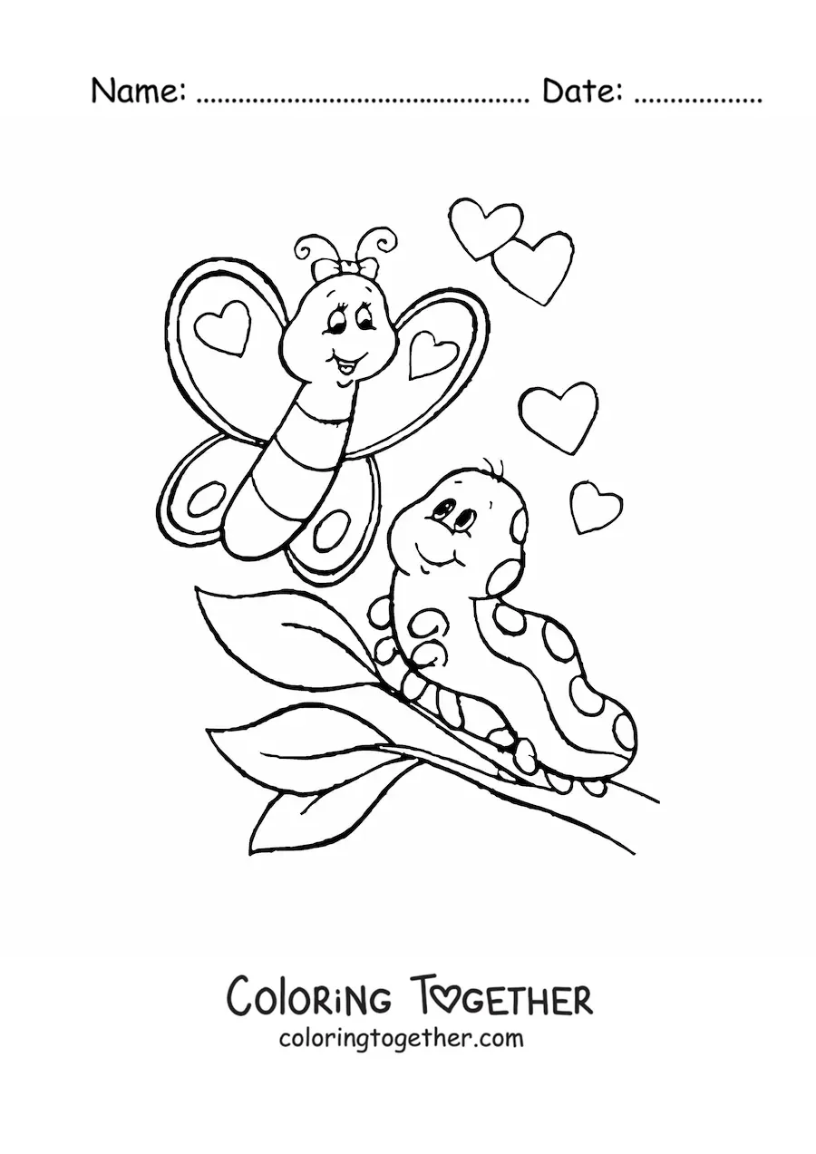 Coloring page of a caterpillar and a butterfly in love