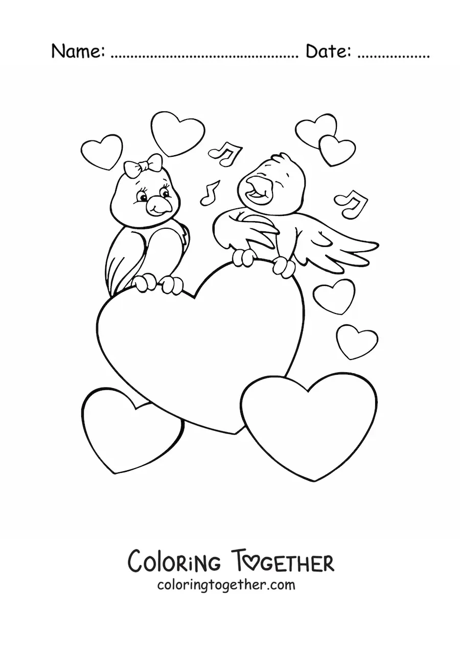 Coloring page of a couple of birds surrounded by hearts