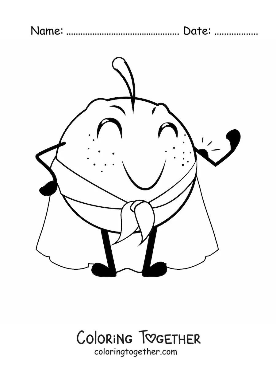 Coloring page of a cartoon orange dressed in a superhero cape