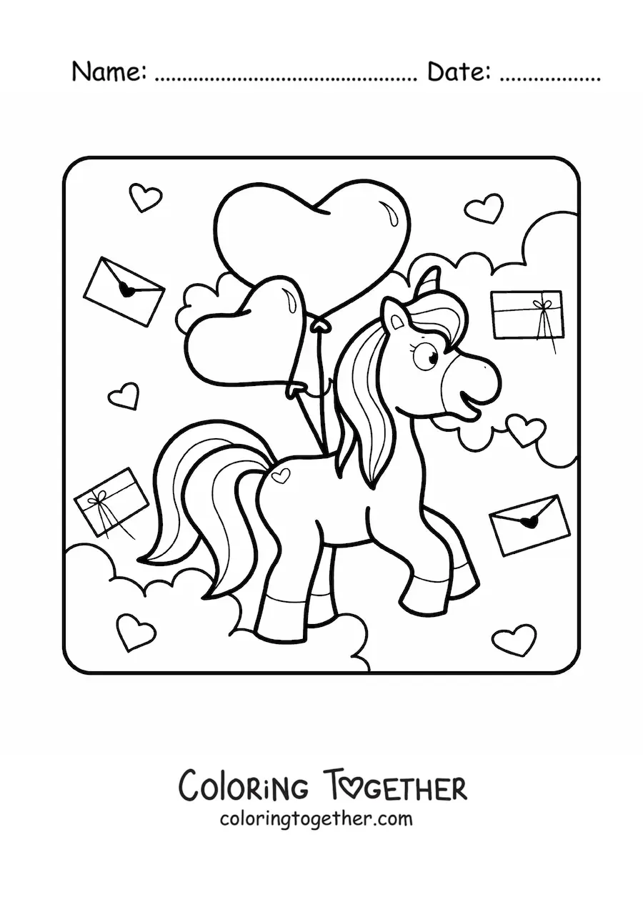 Coloring page of a unicorn with Valentine's balloons and cards
