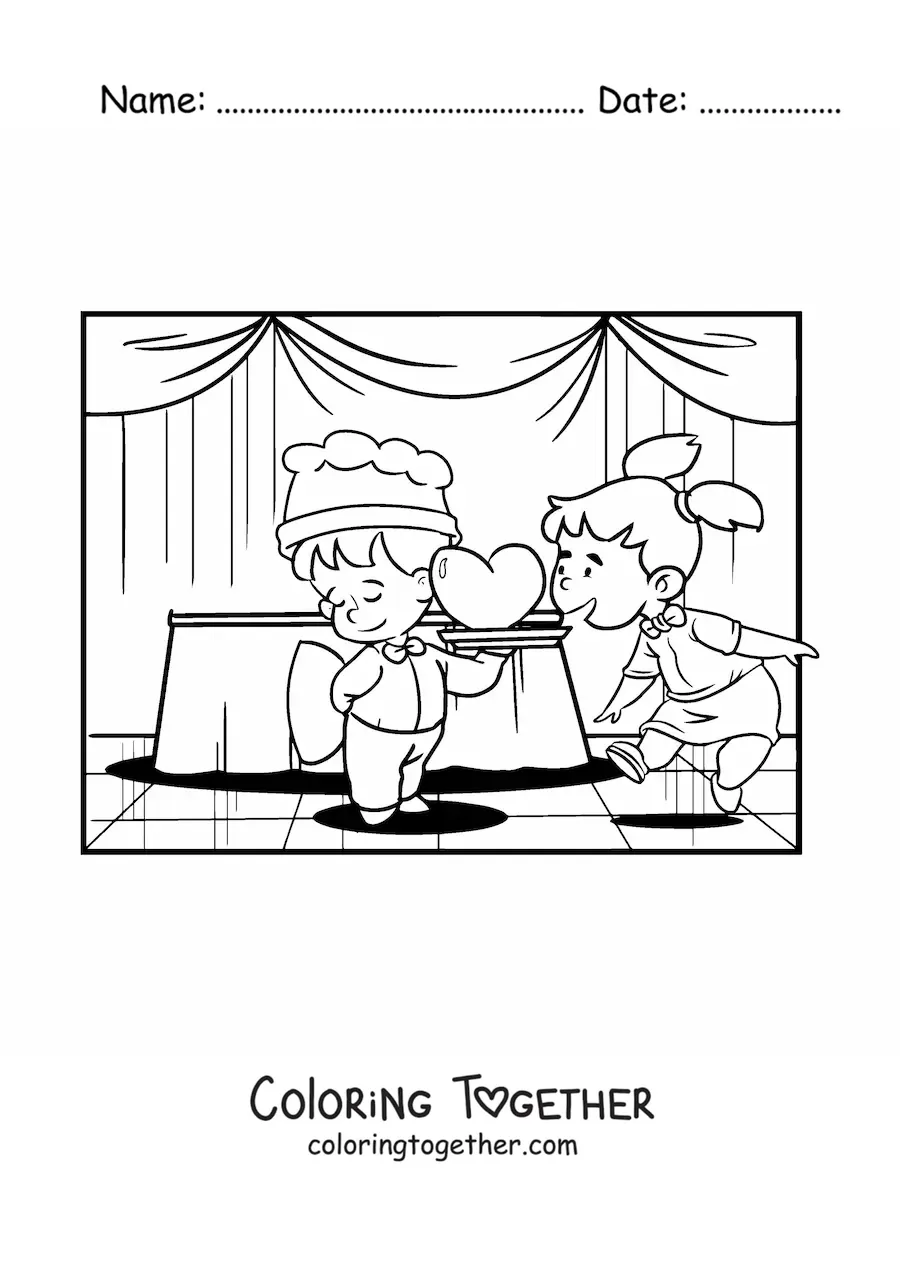 Coloring page of two kids at a special Valentine's dinner