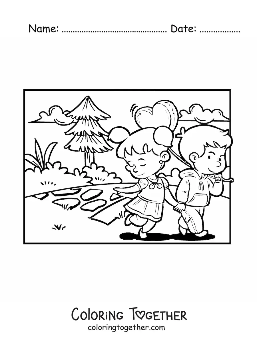 Coloring page of two kids on a Valentine's date