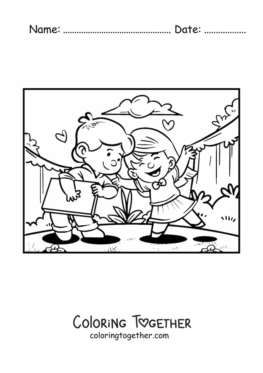Coloring page of a couple of kids with a Valentine's gift