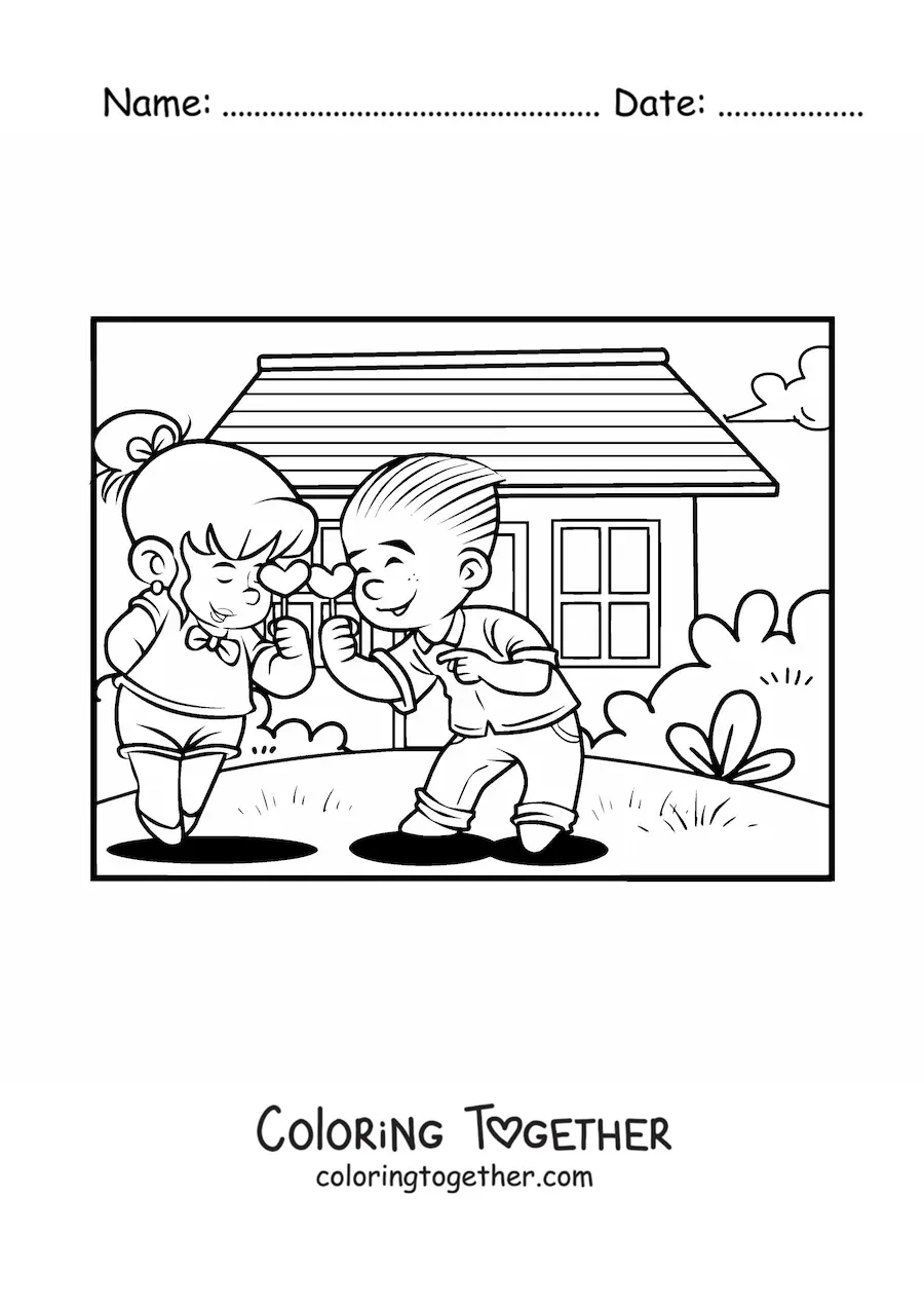 Coloring page of a couple of kids with Valentine's hearts