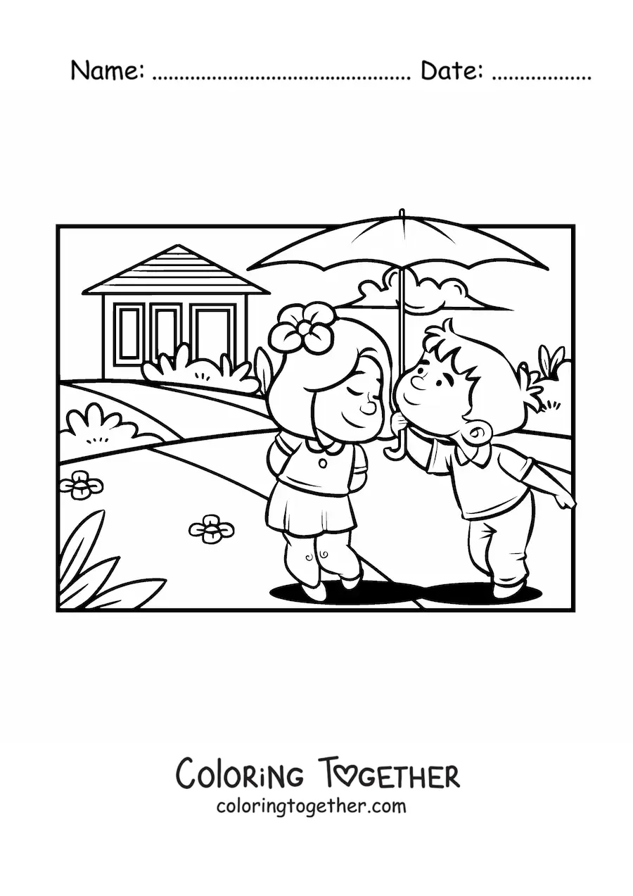 Coloring page of a couple of kids on a romantic date