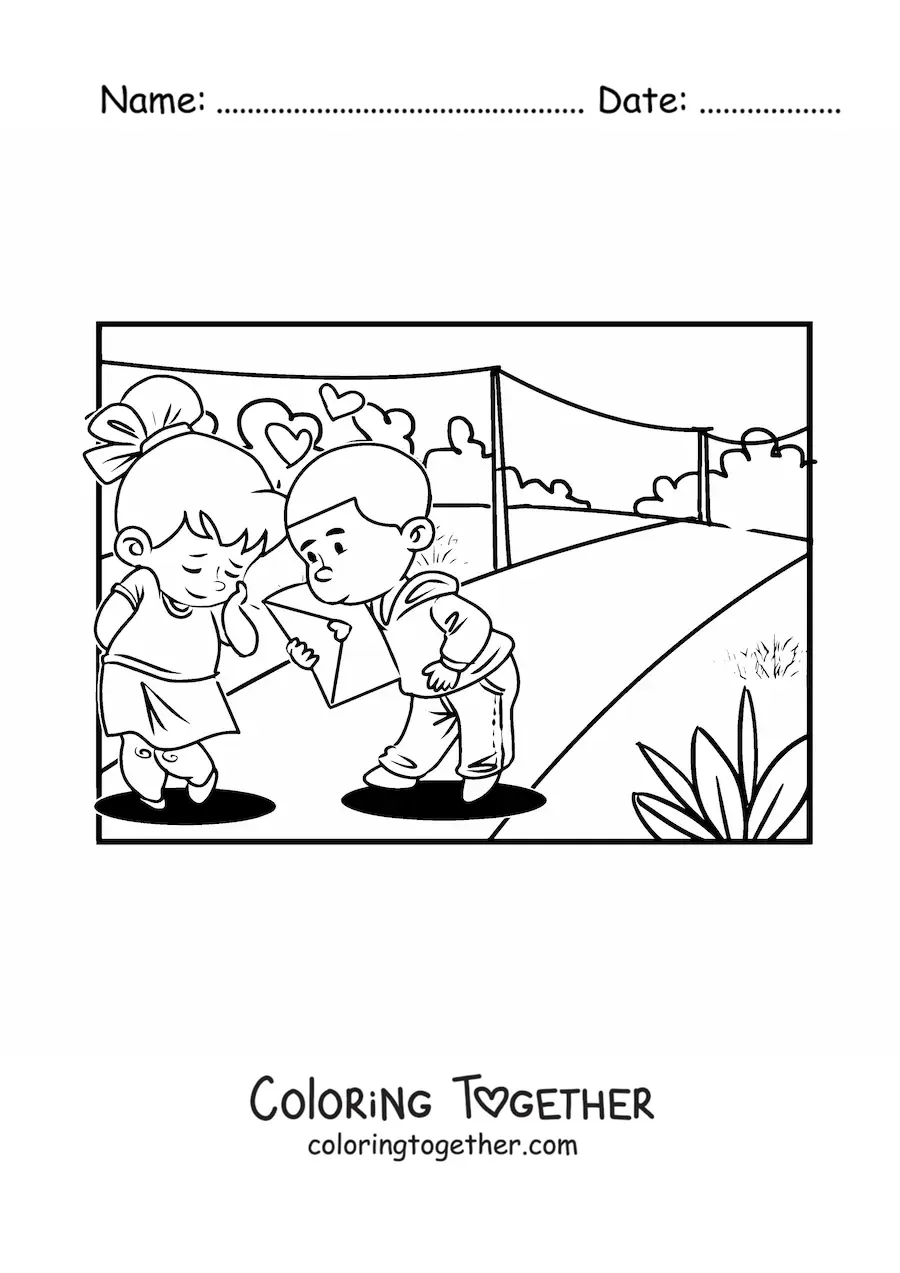 Coloring page of a couple of kids with a Valentine's card