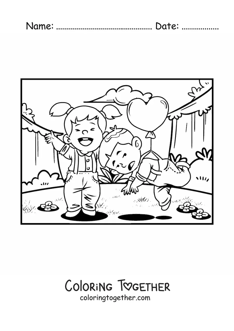 Coloring page of a couple of kids on a fun Valentine's date