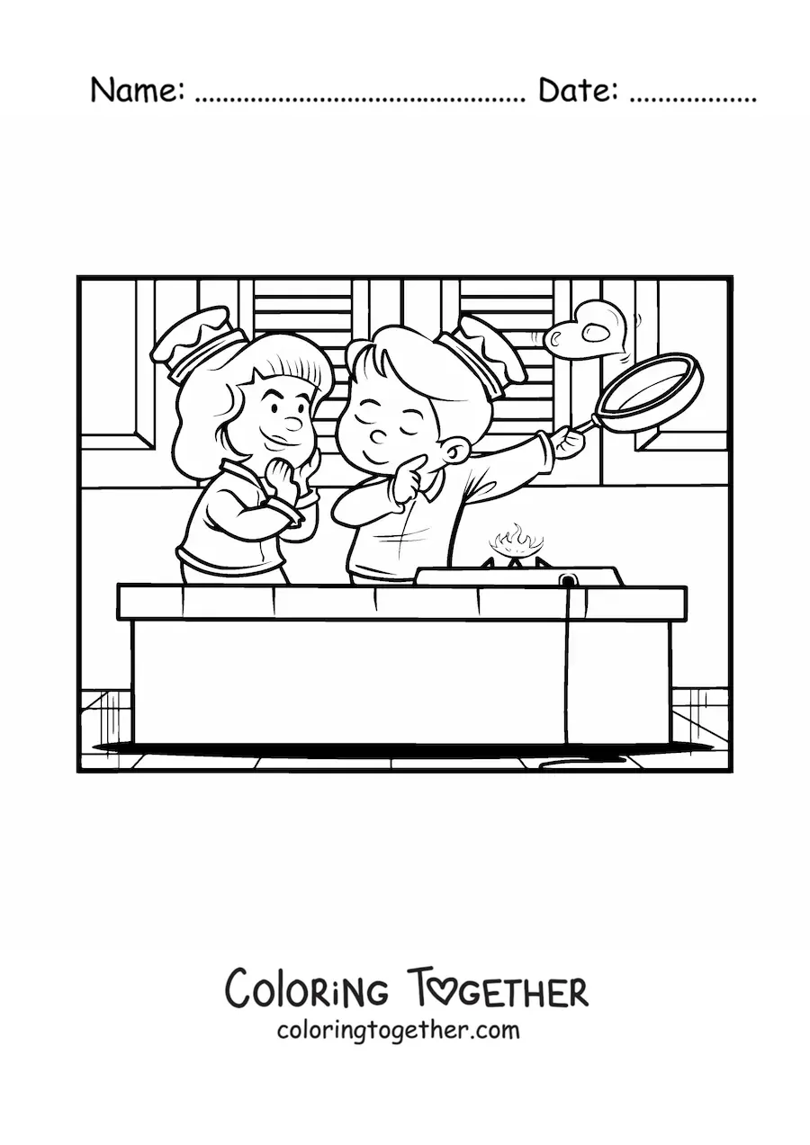 Coloring page of a couple of kids at a Valentine's breakfast