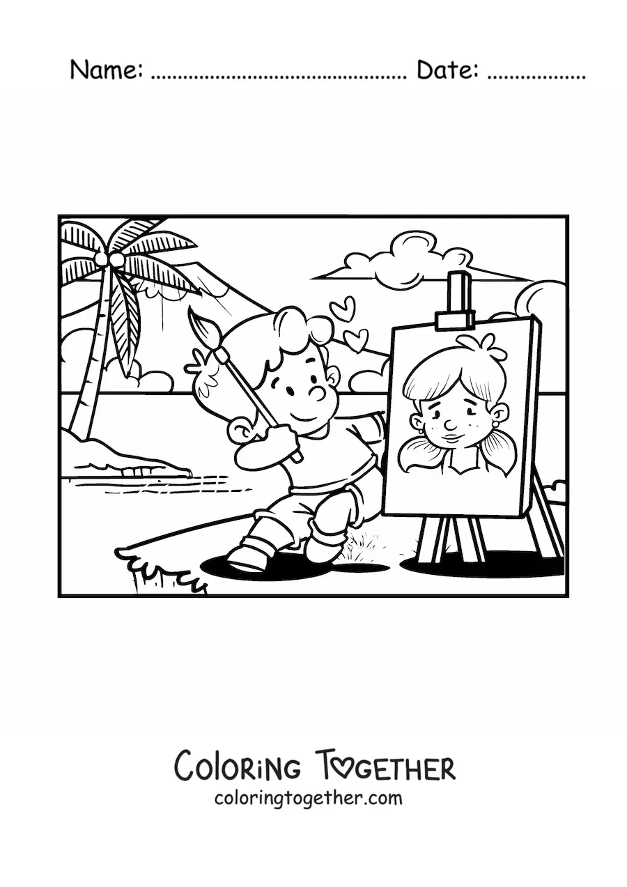 Coloring page of a boy painting a Valentine's portrait