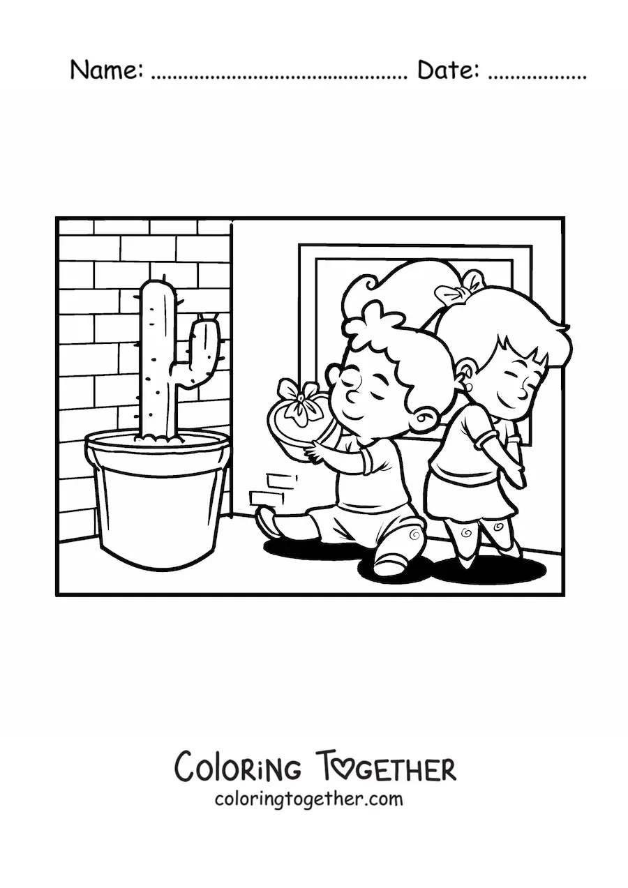 Coloring page of two kids in love on Valentine's Day
