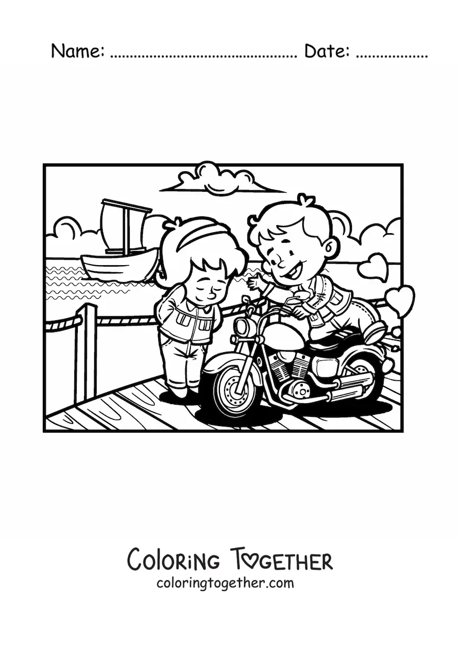 Coloring page of a couple of kids on a romantic date on the pier