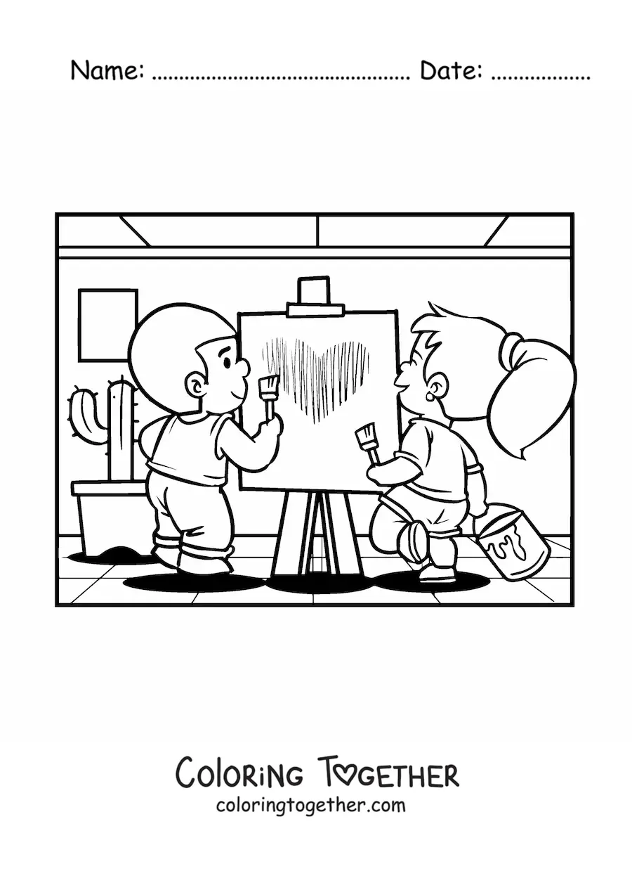 Coloring page of a couple of kids painting on Valentine's Day