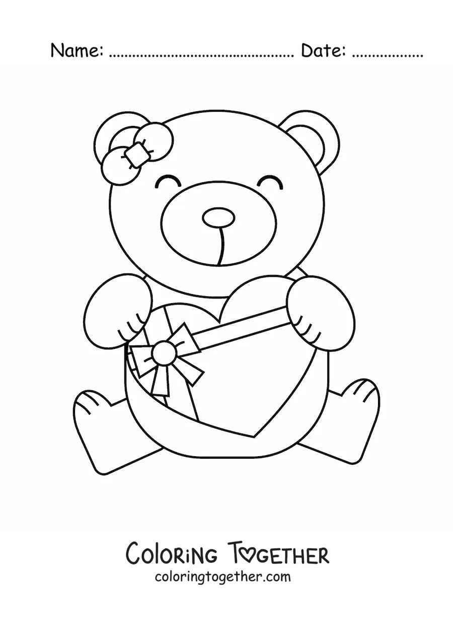 Coloring page of a bear with a Valentine's gift