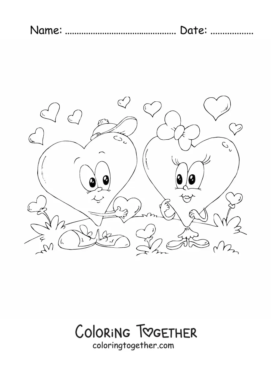 Coloring page of two cartoon hearts on Valentine's Day