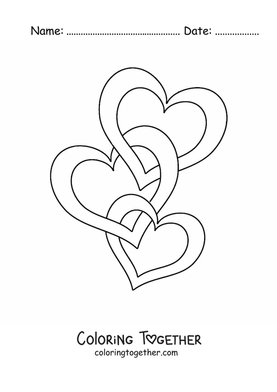 Coloring page of three intertwined hearts