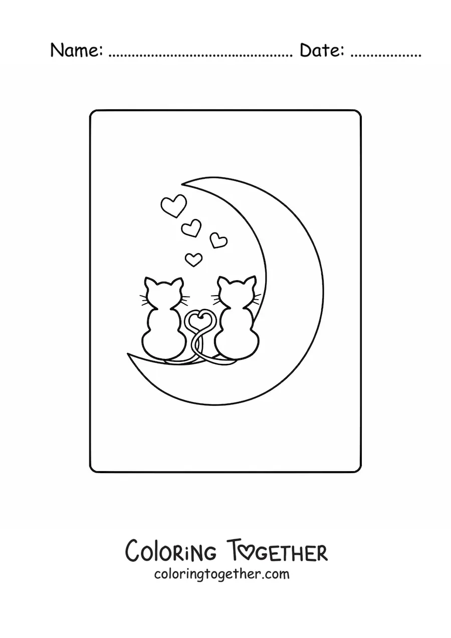 Coloring page of two cats in love on the Moon