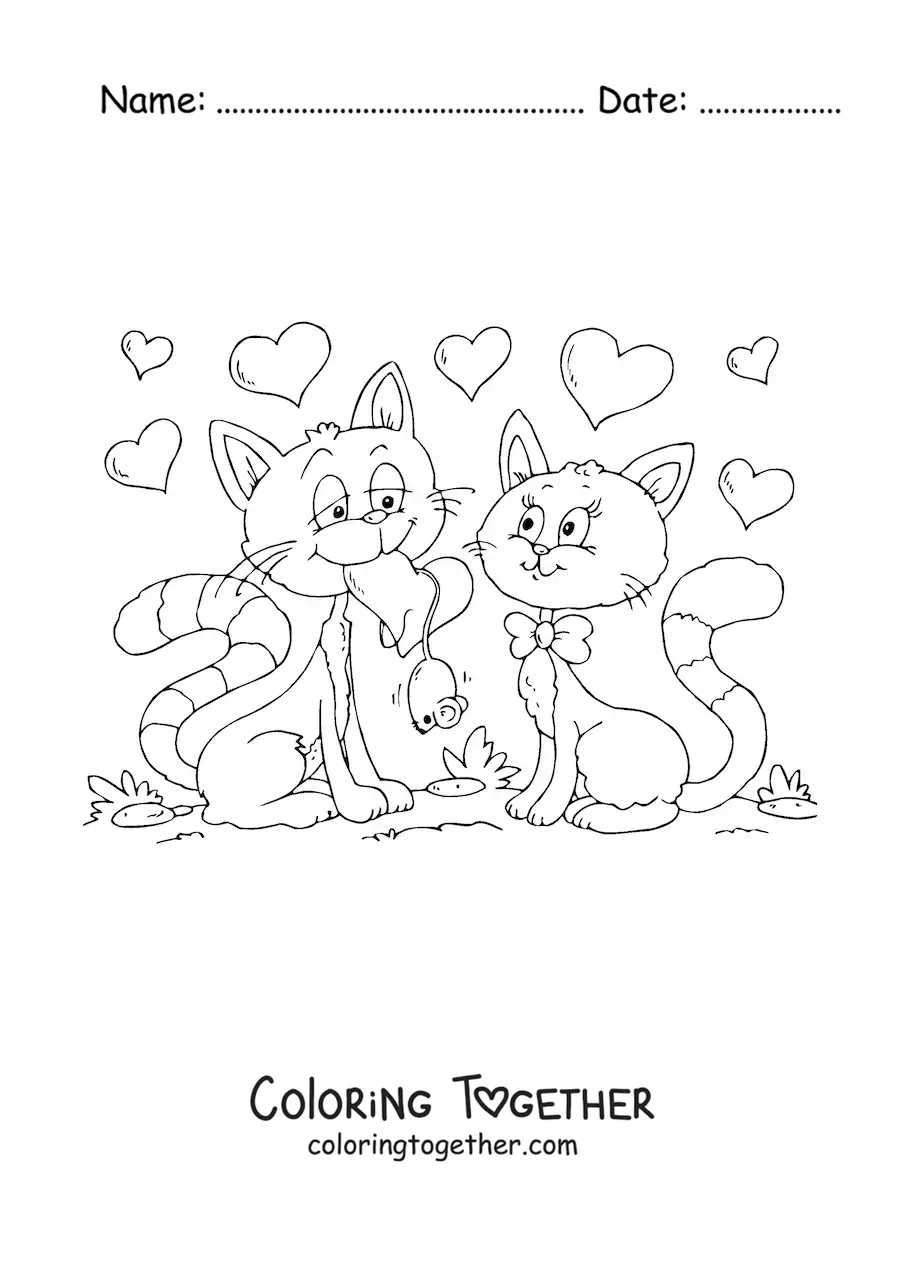 Coloring page of two cats in love on Valentine's Day