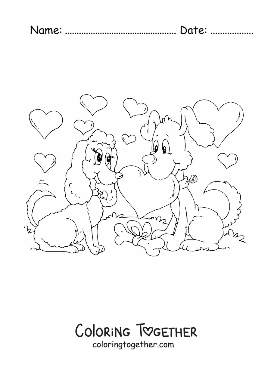 Coloring page of two dogs in love on Valentine's Day