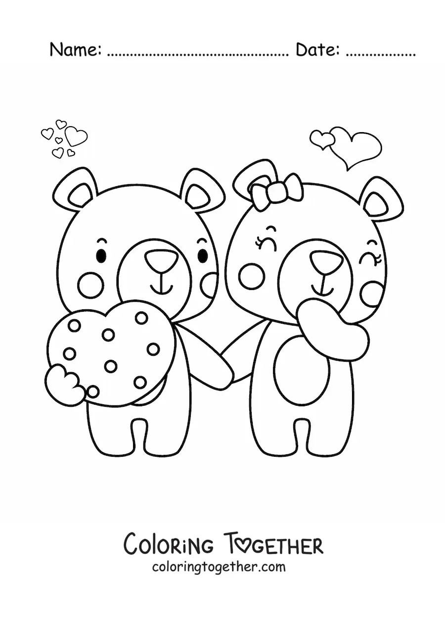 Coloring page of two bears in love on Valentine's Day
