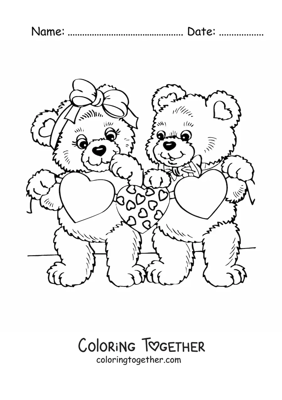 Coloring page of two bears with Valentine's Day hearts