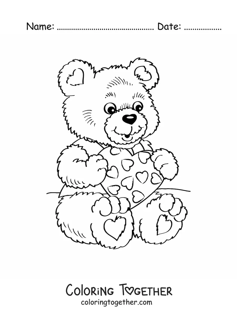 Coloring page of a bear with a Valentine's Day letter
