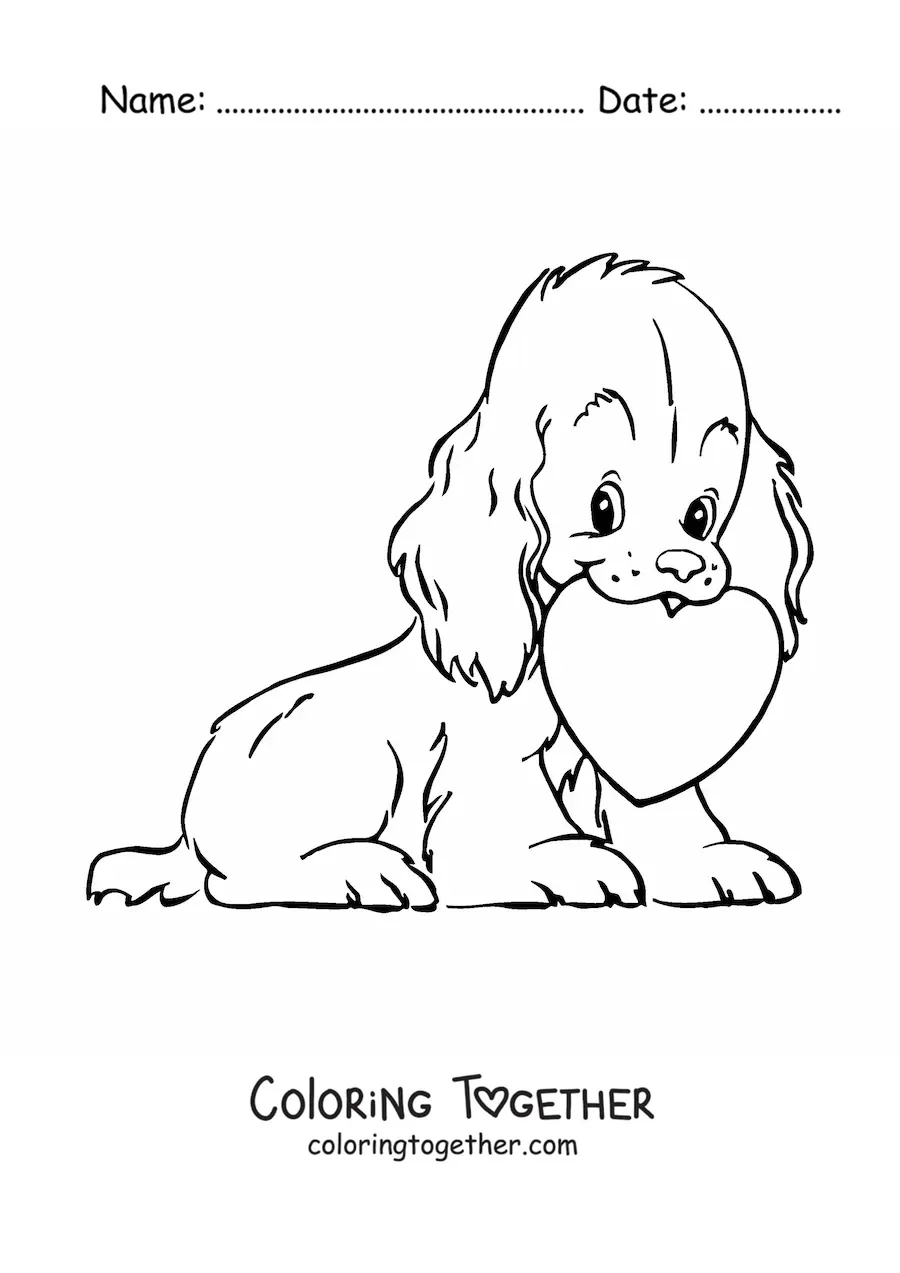 Coloring page of a puppy with a Valentine's Day heart