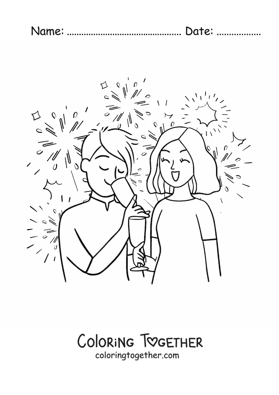 Coloring page of a man and a woman toasting on New Year with fireworks in the background