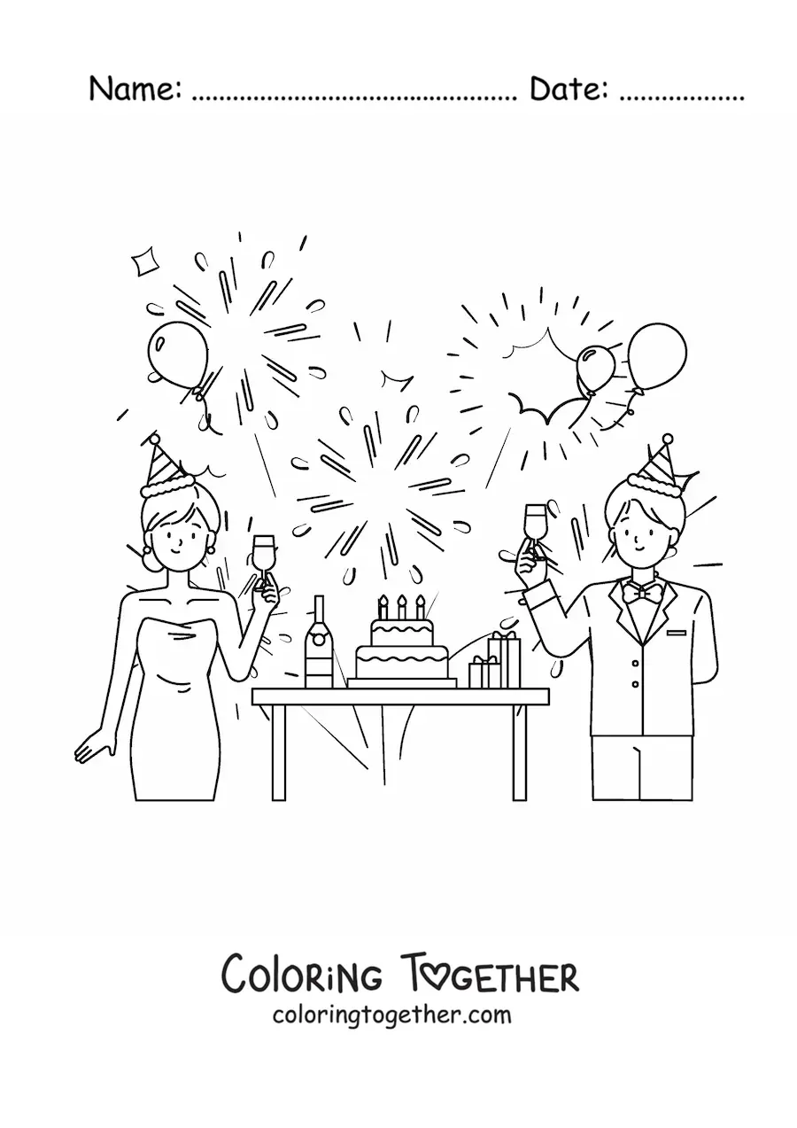 Coloring page of a man and a woman toasting on New Year with a cake