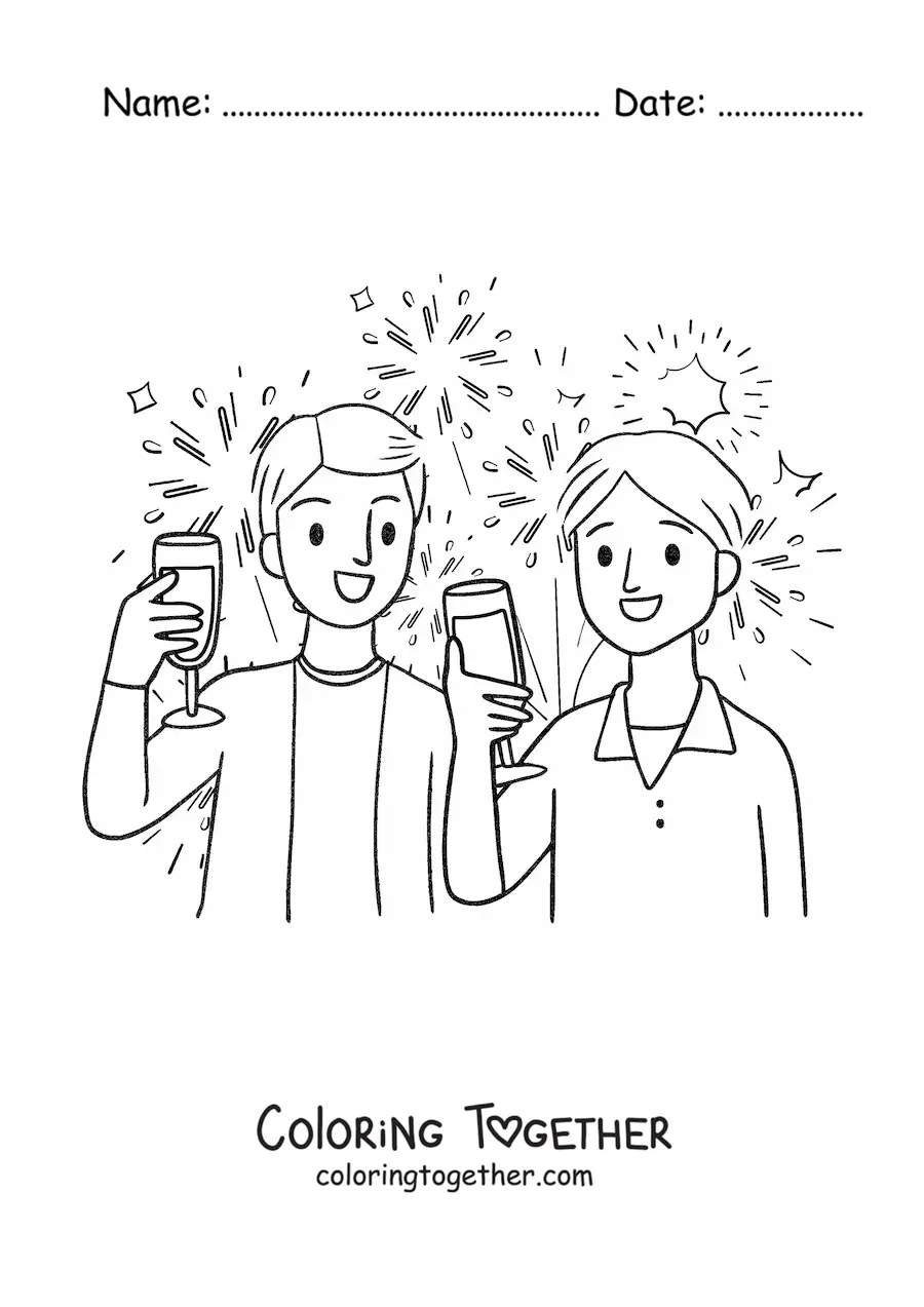 Coloring page of two boys celebrating New Year
