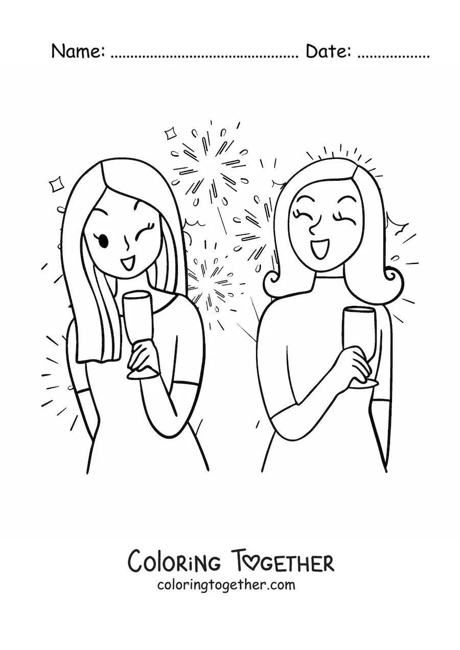Coloring page of two girls celebrating New Year