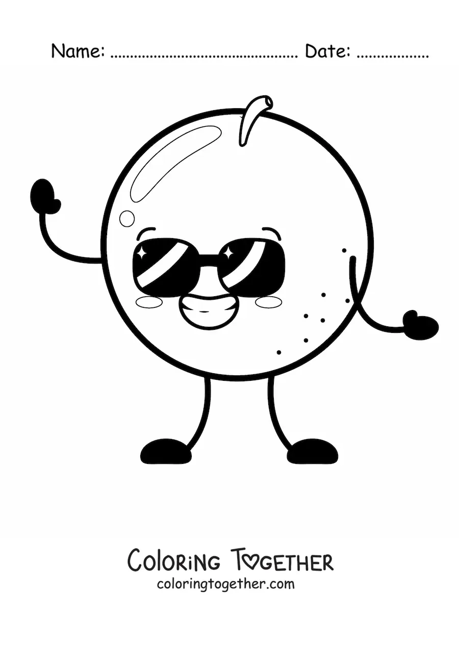 Coloring page of a cartoon orange with sunglasses