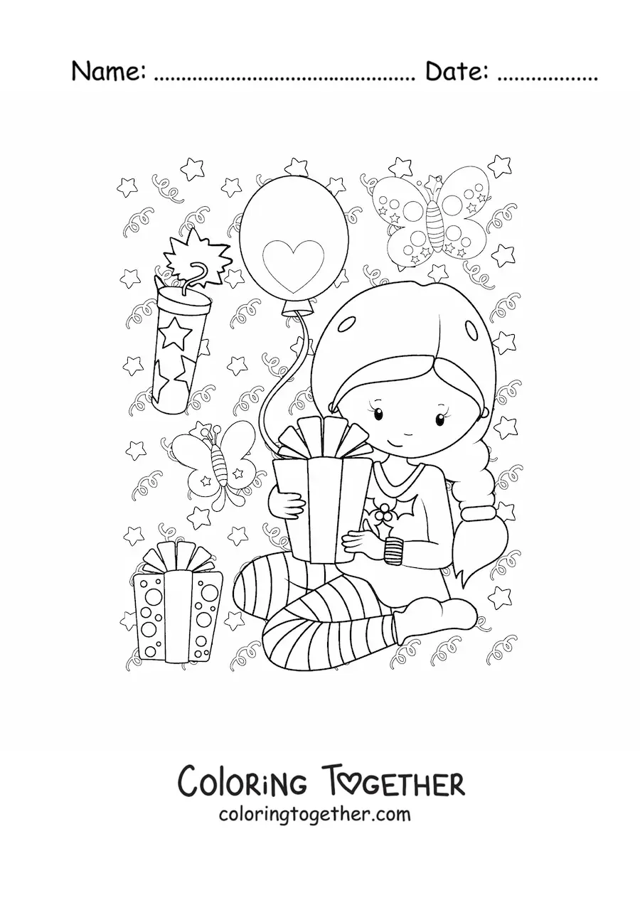 Coloring page of a girl with a New Year gift