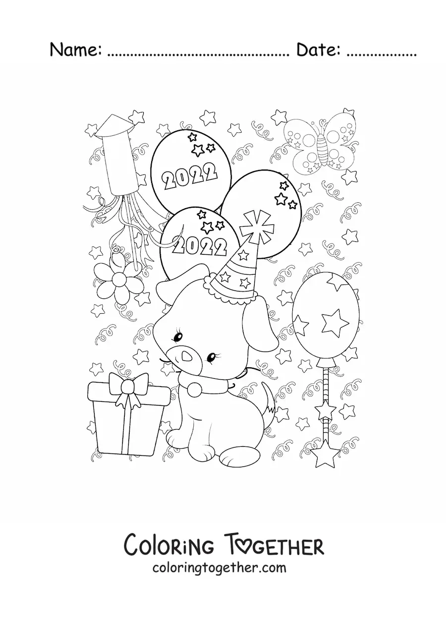 Coloring page of a cartoon dog with New Year balloons