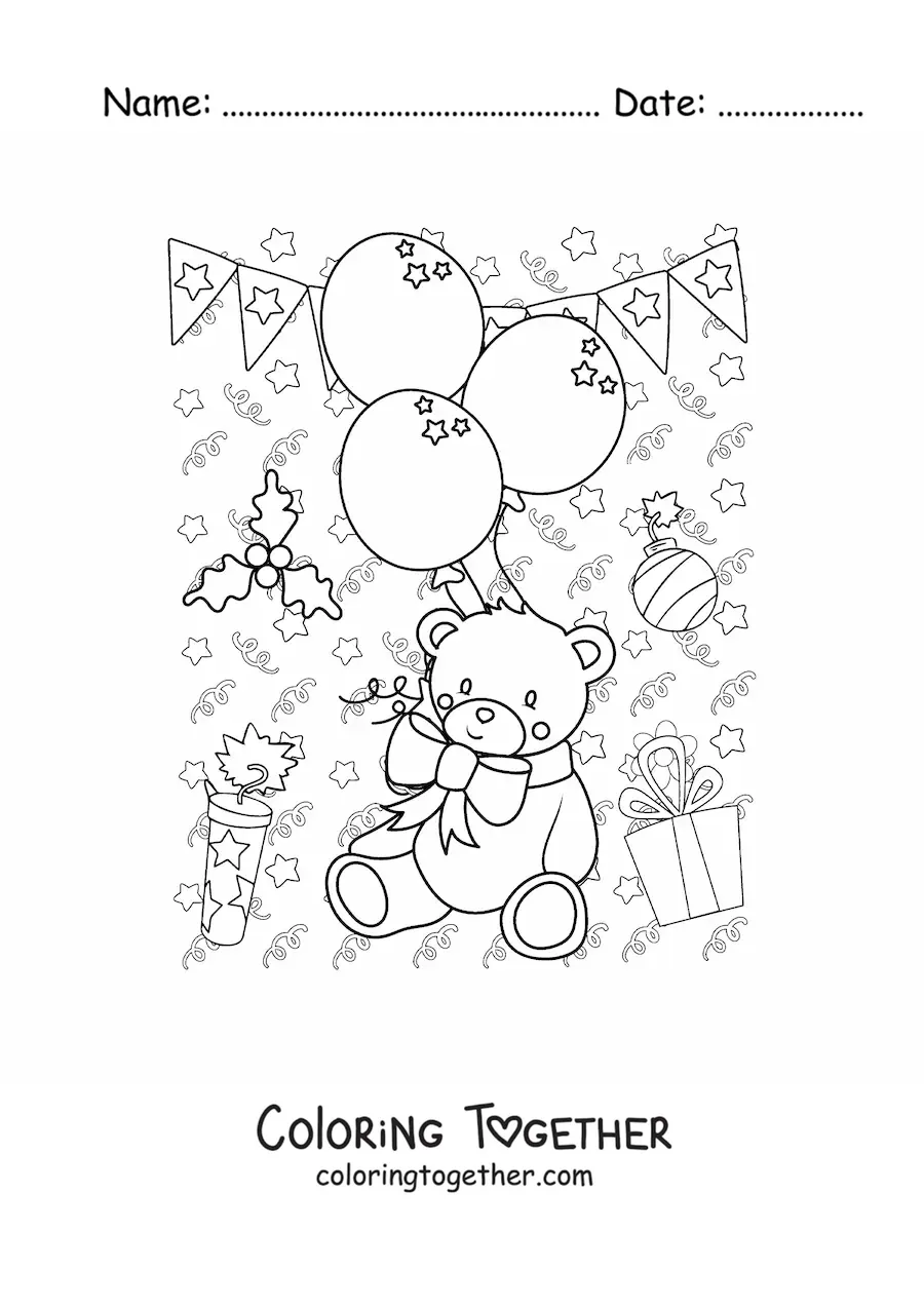 Coloring page of a cartoon bear with New Year balloons