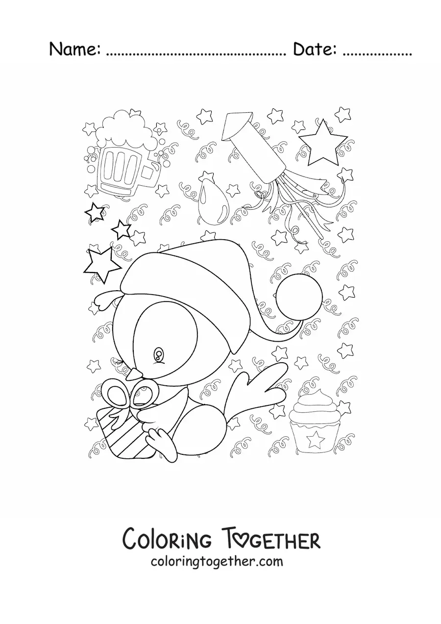 Coloring page of a cartoon penguin with a New Year gift