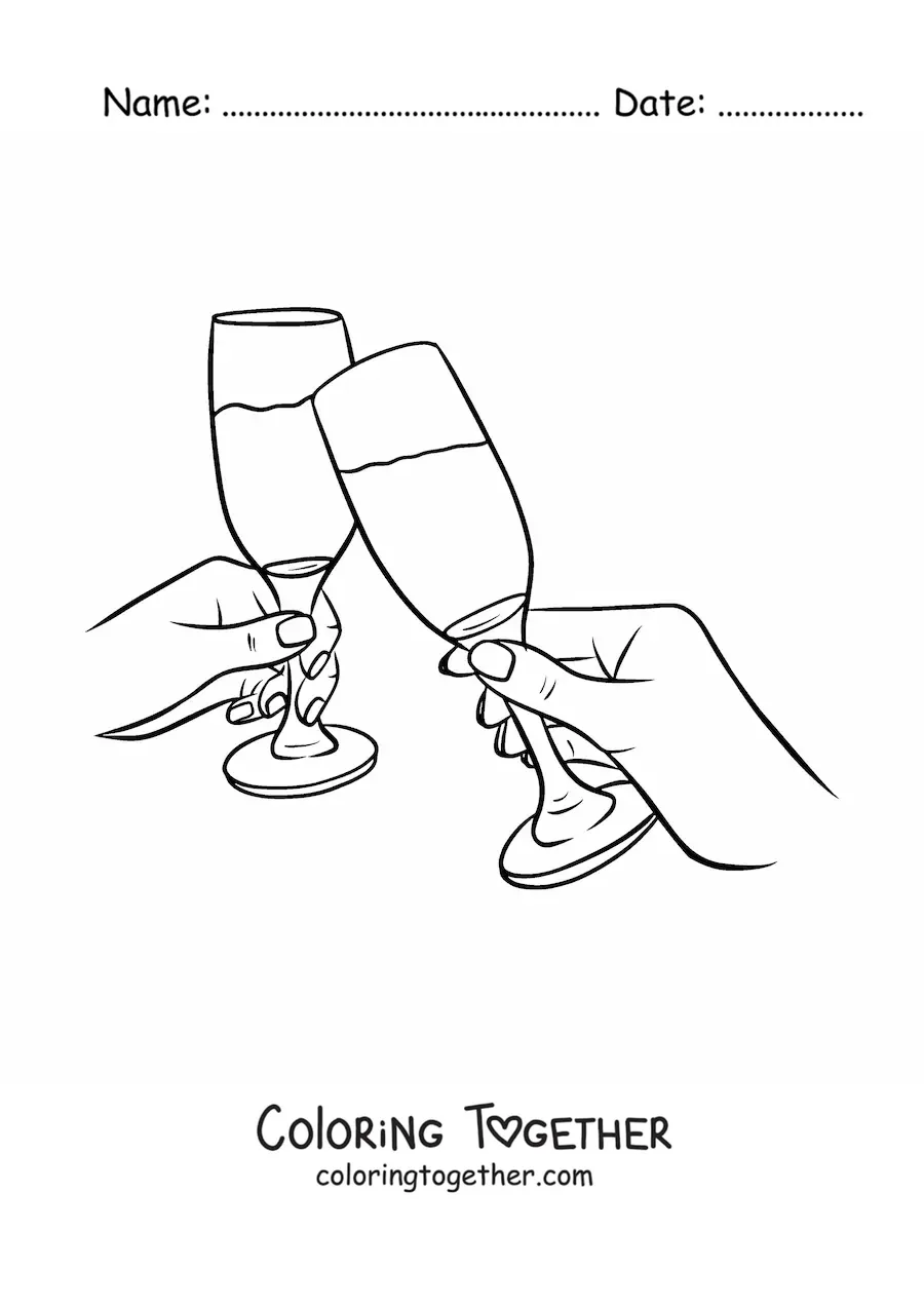 Coloring page of two hands toasting with glasses