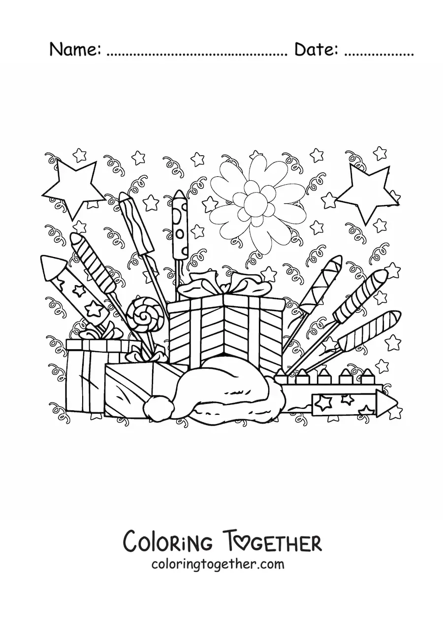 Coloring page of several New Year gifts and fireworks